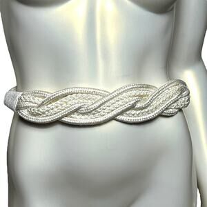 Nautical White Braided Rope Belt with Silver Hook Clasp - Casual Summer Style